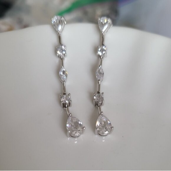 Vintage Sterling Silver Long Drop Crystal Elegant Formal Bridal Earrings - Picture 9 of 16